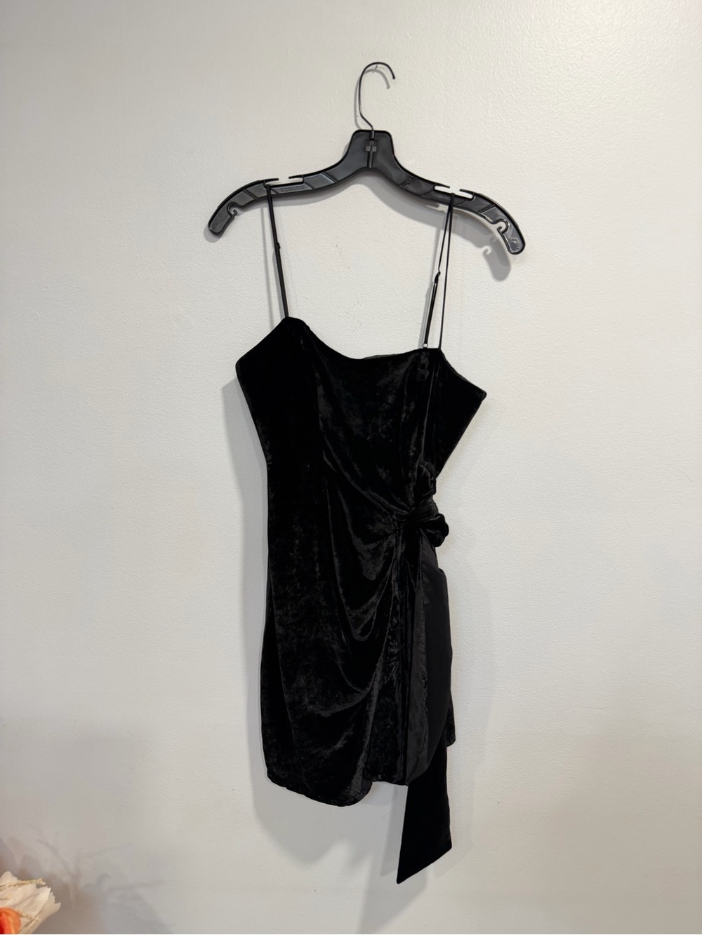 Cinq a Sept Black Velvet Asymmetric Slip Dress with Side Bow Tie - Size 4